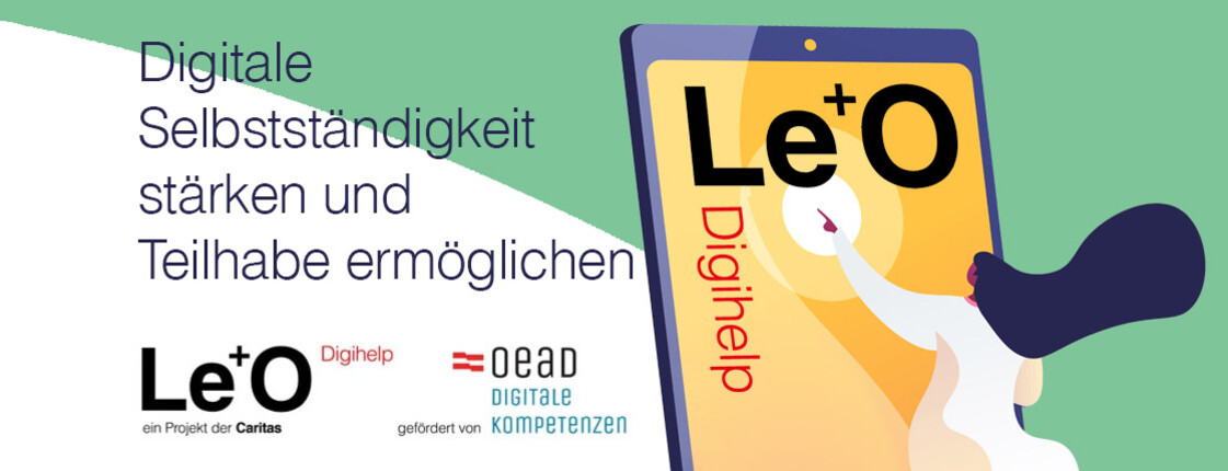 Grafik des Caritas-Projekts Le+O Digihelp mit Smartphone-Illustration und dem Slogan „Digitale Selbstständigkeit stärken und Teilhabe ermöglichen“.